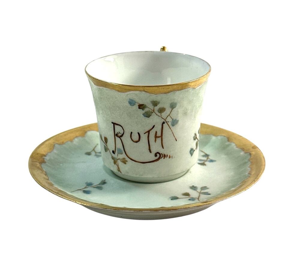 Antique Limoges France Demitasse Cup Saucer Hand Painted Ruth Gold Gilt Floral